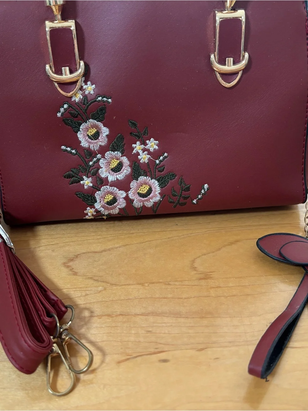 Embroidered Floral Burgundy Satchel with Gold Hardware